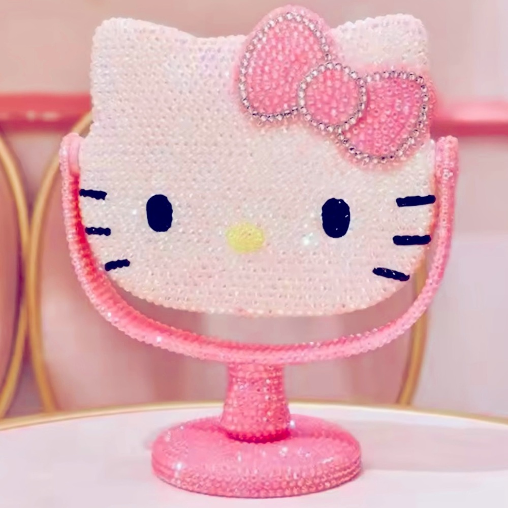 Hello Kitty Rhinestone Glam Vanity Makeup Beauty Mirror Girly Decor Pink Bow